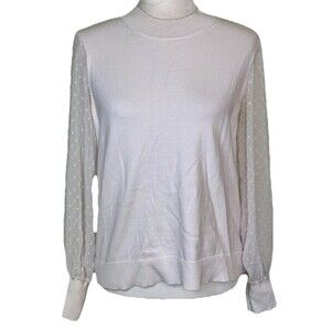 Women's Cream Coquette Knit Sweater Swiss Dot Puff Sleeves Soft Girl Delicate M‎